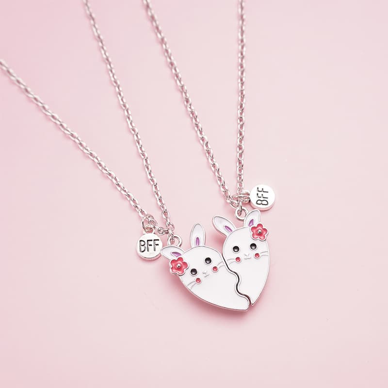 Cute Bunny Best Friend Necklaces - Magnetic Heart Pendant Set for Girls