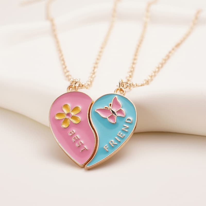 Best Friend Heart Necklace Set - Colorful Butterfly & Flower Enamel Pendant for Girls