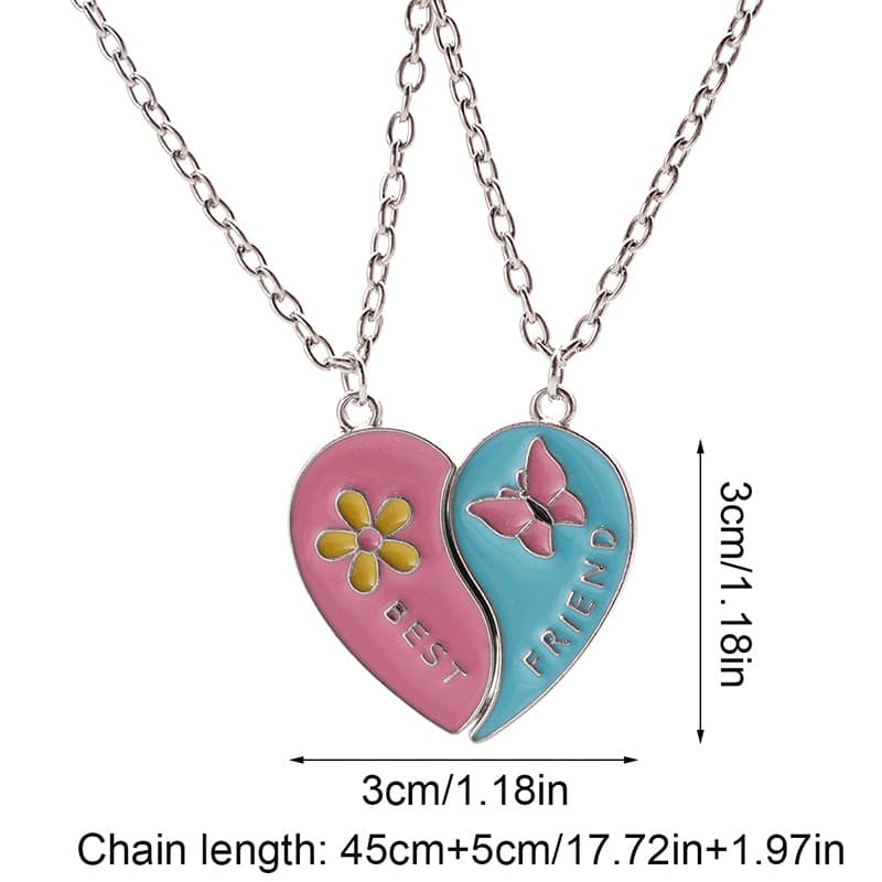 Best Friend Heart Necklace Set - Colorful Butterfly & Flower Enamel Pendant for Girls