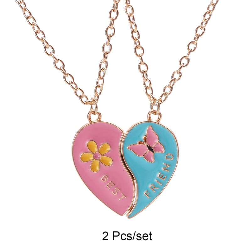 Best Friend Heart Necklace Set - Colorful Butterfly & Flower Enamel Pendant for Girls