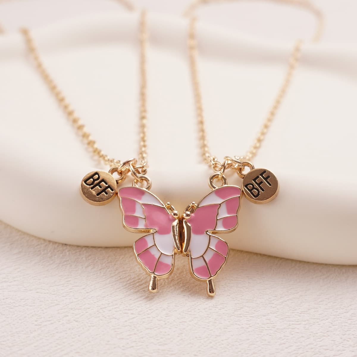 Butterfly Magnetic Necklace Set for Best Friends - Cute Pink Enamel BFF Gift