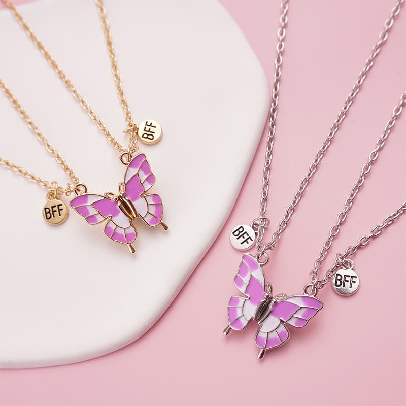 Butterfly Magnetic Necklace Set for Best Friends - Cute Pink Enamel BFF Gift