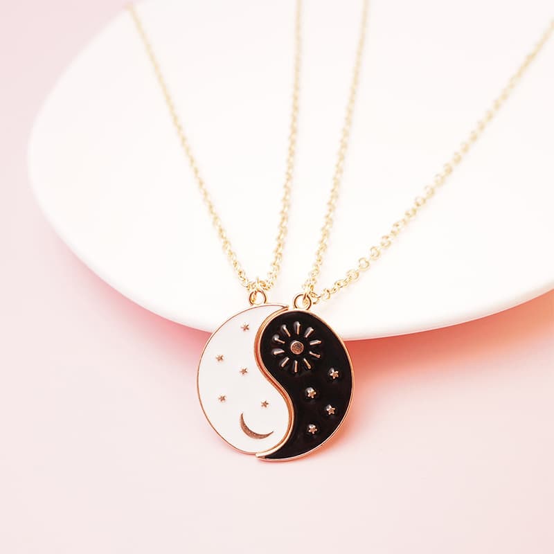 Yin Yang Couple Necklaces Set - Sun Moon Enamel Pendant Friendship Jewelry