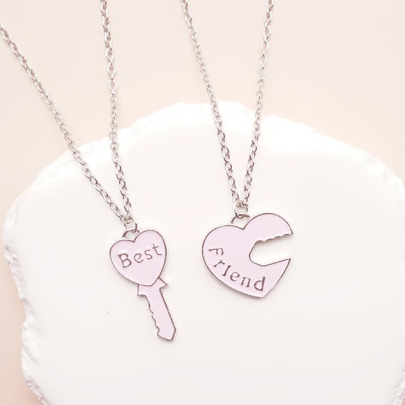 Matching Couple Necklaces - Heart & Key Enamel Pendant Set for Best Friends