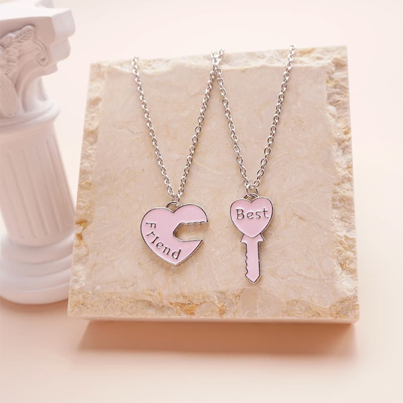 Matching Couple Necklaces - Heart & Key Enamel Pendant Set for Best Friends
