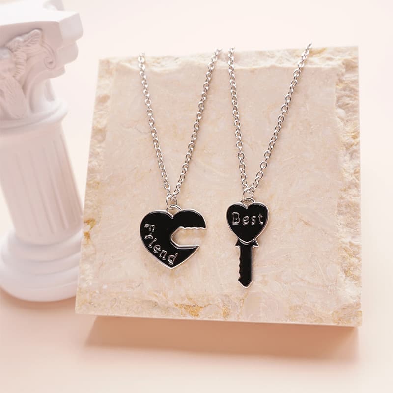 Matching Couple Necklaces - Heart & Key Enamel Pendant Set for Best Friends