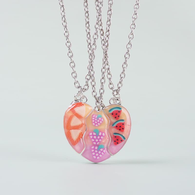 Fruit Magnetic BFF Necklace Set - Pink Heart Friendship Jewelry for Girls