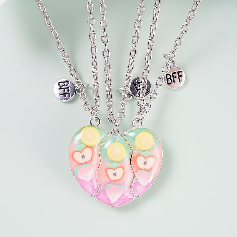 Fruit Magnetic BFF Necklace Set - Pink Heart Friendship Jewelry for Girls