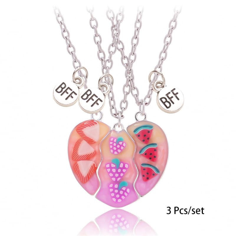 Fruit Magnetic BFF Necklace Set - Pink Heart Friendship Jewelry for Girls