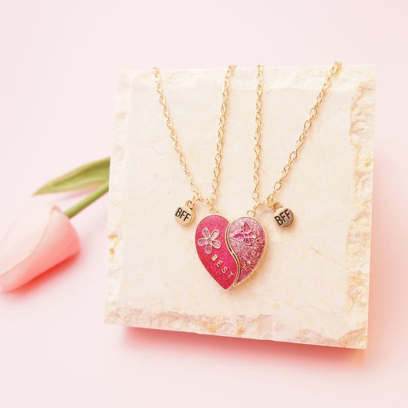 Best Friend Heart Necklace Set - Glitter Pink Magnetic Pendant for Girls & Teens