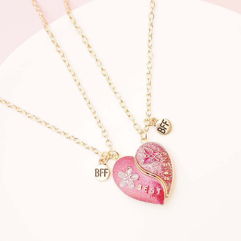 Best Friend Heart Necklace Set - Glitter Pink Magnetic Pendant for Girls & Teens