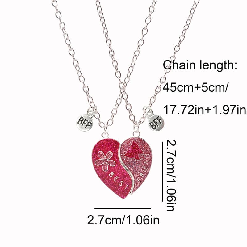 Best Friend Heart Necklace Set - Glitter Pink Magnetic Pendant for Girls & Teens