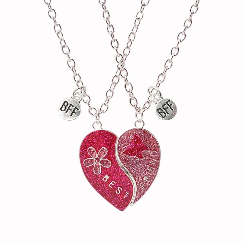 Best Friend Heart Necklace Set - Glitter Pink Magnetic Pendant for Girls & Teens
