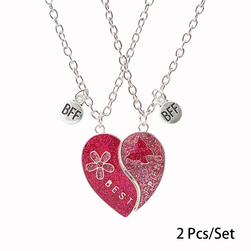 Best Friend Heart Necklace Set - Glitter Pink Magnetic Pendant for Girls & Teens