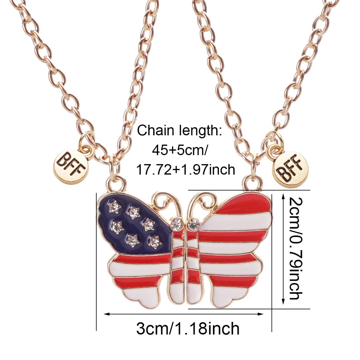 USA Flag Butterfly BFF Magnetic Friendship Necklace for Girls