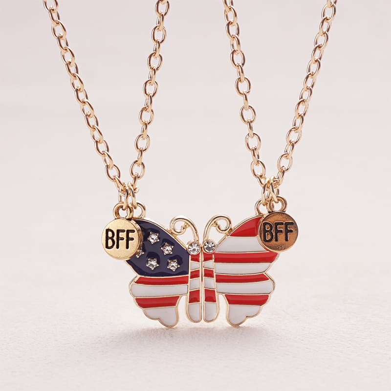 USA Flag Butterfly BFF Magnetic Friendship Necklace for Girls
