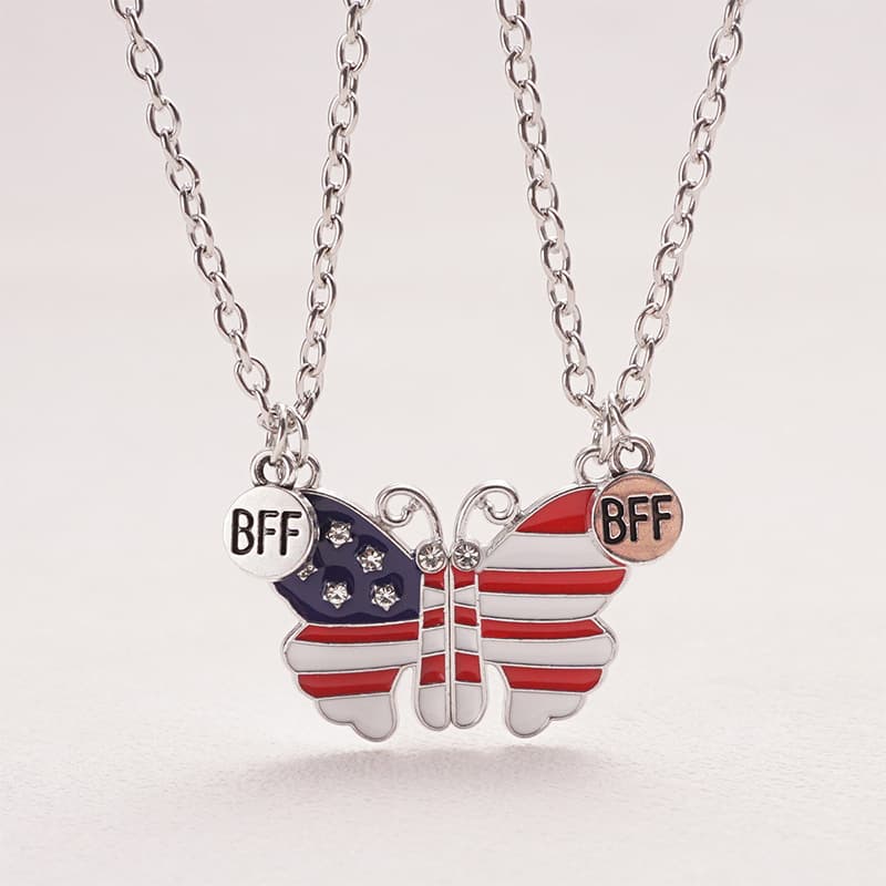 USA Flag Butterfly BFF Magnetic Friendship Necklace for Girls