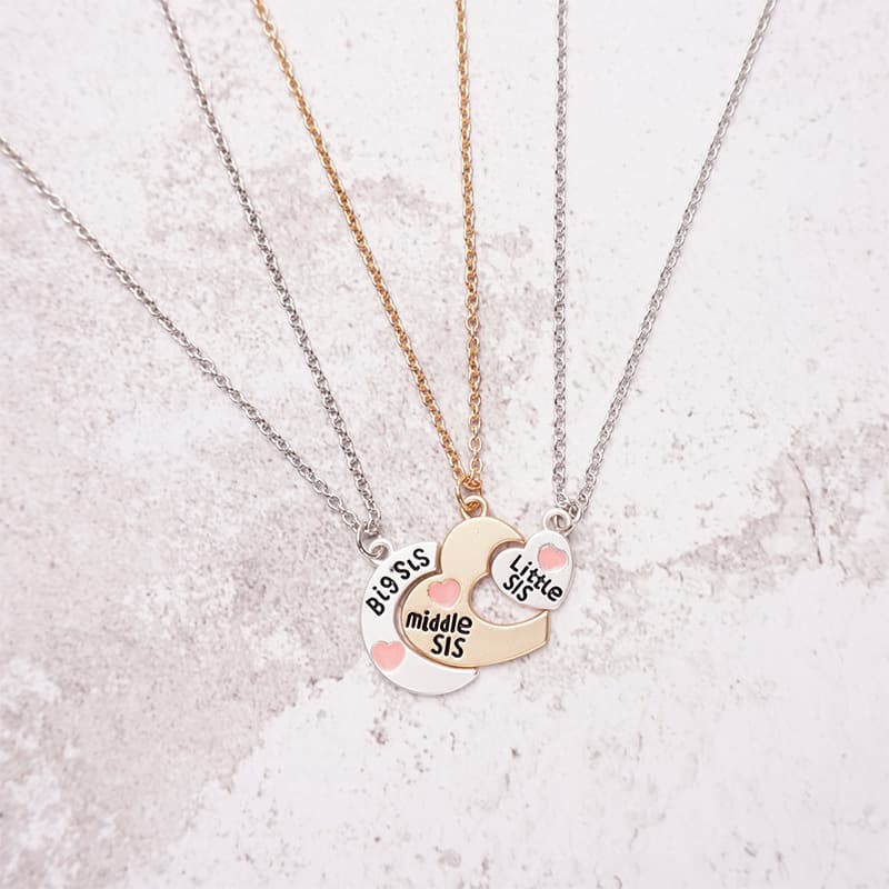Three Sisters Necklace Set - Big Middle Little Sis Heart Puzzle Jewelry