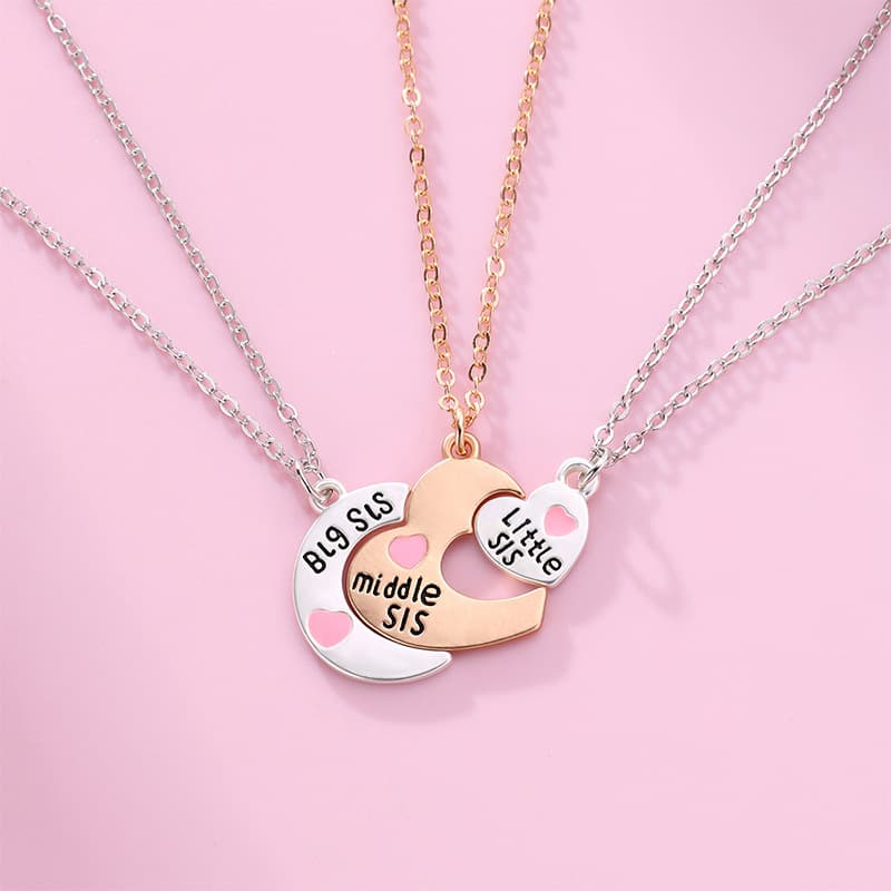 Three Sisters Necklace Set - Big Middle Little Sis Heart Puzzle Jewelry