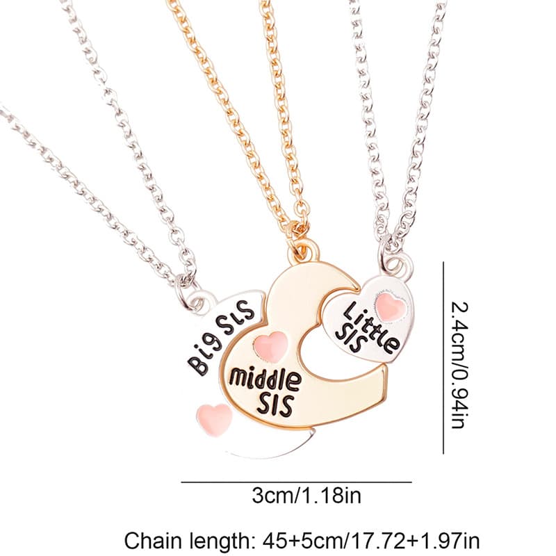 Three Sisters Necklace Set - Big Middle Little Sis Heart Puzzle Jewelry