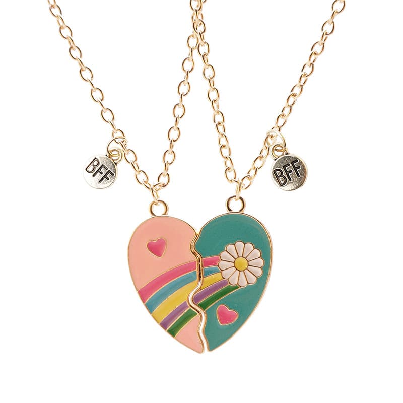 Matching BFF Heart Necklace Set - Rainbow & Daisy Friendship Jewelry