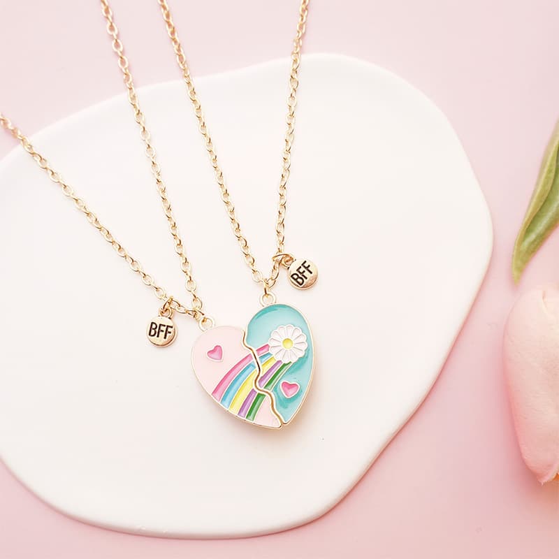 Matching BFF Heart Necklace Set - Rainbow & Daisy Friendship Jewelry