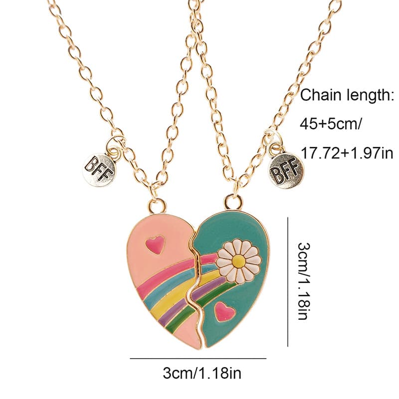 Matching BFF Heart Necklace Set - Rainbow & Daisy Friendship Jewelry