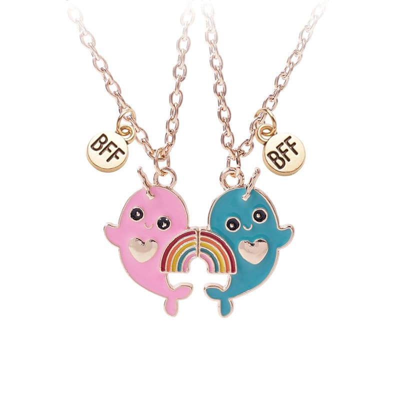 Best Friend Necklaces Set - Cute Narwhal & Rainbow Magnetic Pendant