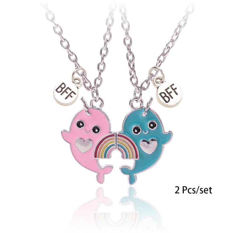 Best Friend Necklaces Set - Cute Narwhal & Rainbow Magnetic Pendant