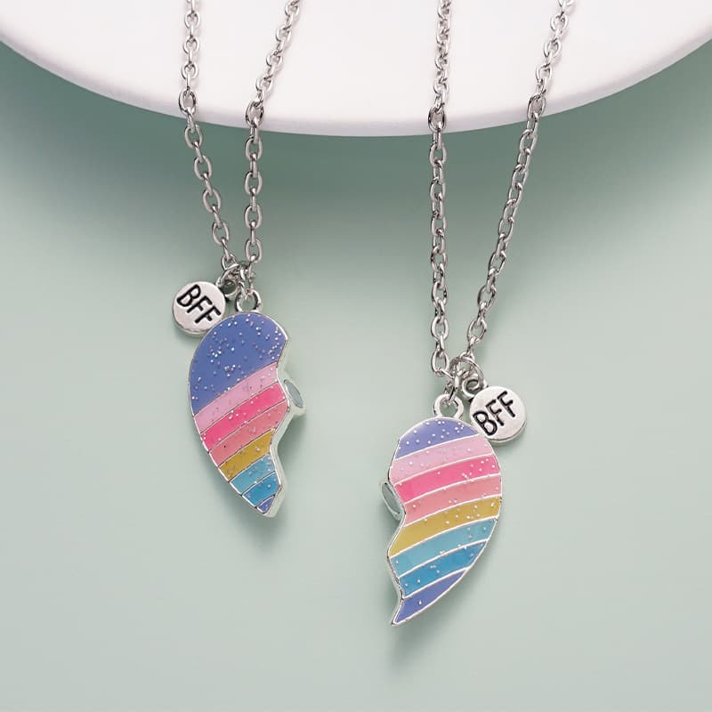 Matching Rainbow Heart Necklaces for Best Friends BFF Gift Set
