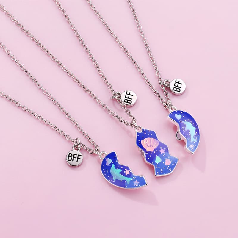 BFF Girls Matching Necklaces Set of 3, Cosmic Moon & Star Charm Friendship Jewelry