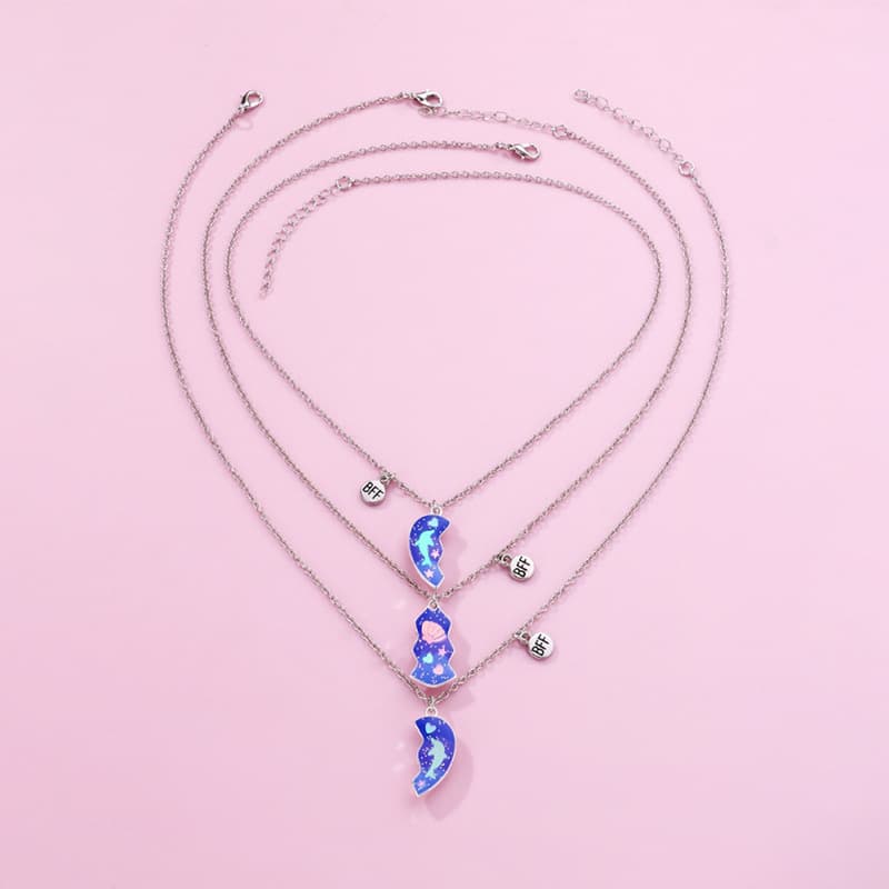 BFF Girls Matching Necklaces Set of 3, Cosmic Moon & Star Charm Friendship Jewelry