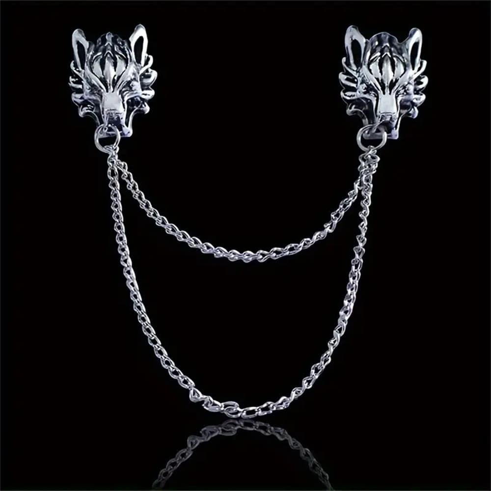 Vintage Wolf Head Chain Pin - Stylish Layered Brooch for Jackets & Hats