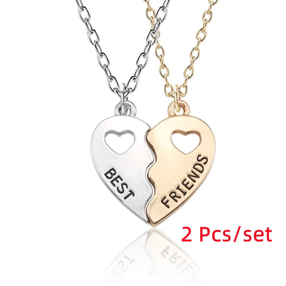 Best Friends Heart Necklace Set - Silver & Gold Matching Friendship Jewelry