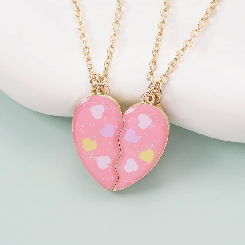 Pink Heart BFF Necklace Set - Cute Magnetic Friendship Jewelry for Besties