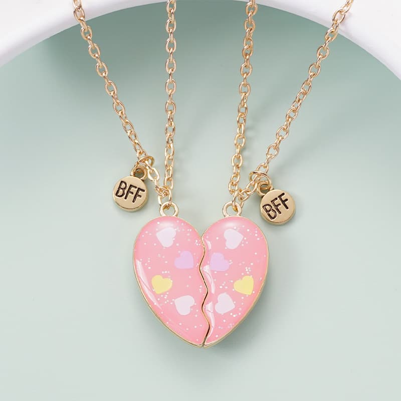 Pink Heart BFF Necklace Set - Cute Magnetic Friendship Jewelry for Besties