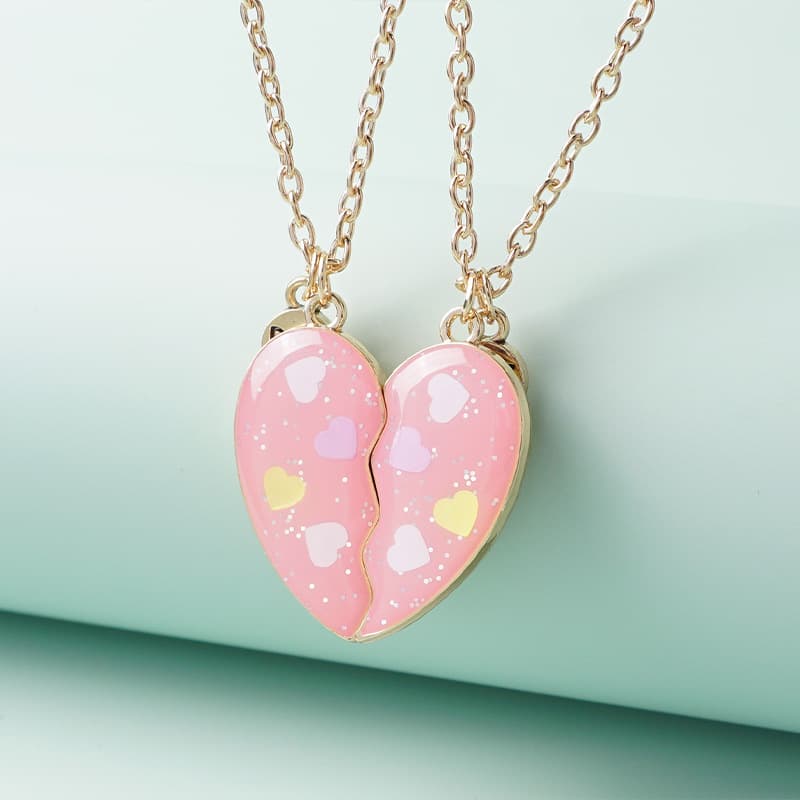 Pink Heart BFF Necklace Set - Cute Magnetic Friendship Jewelry for Besties