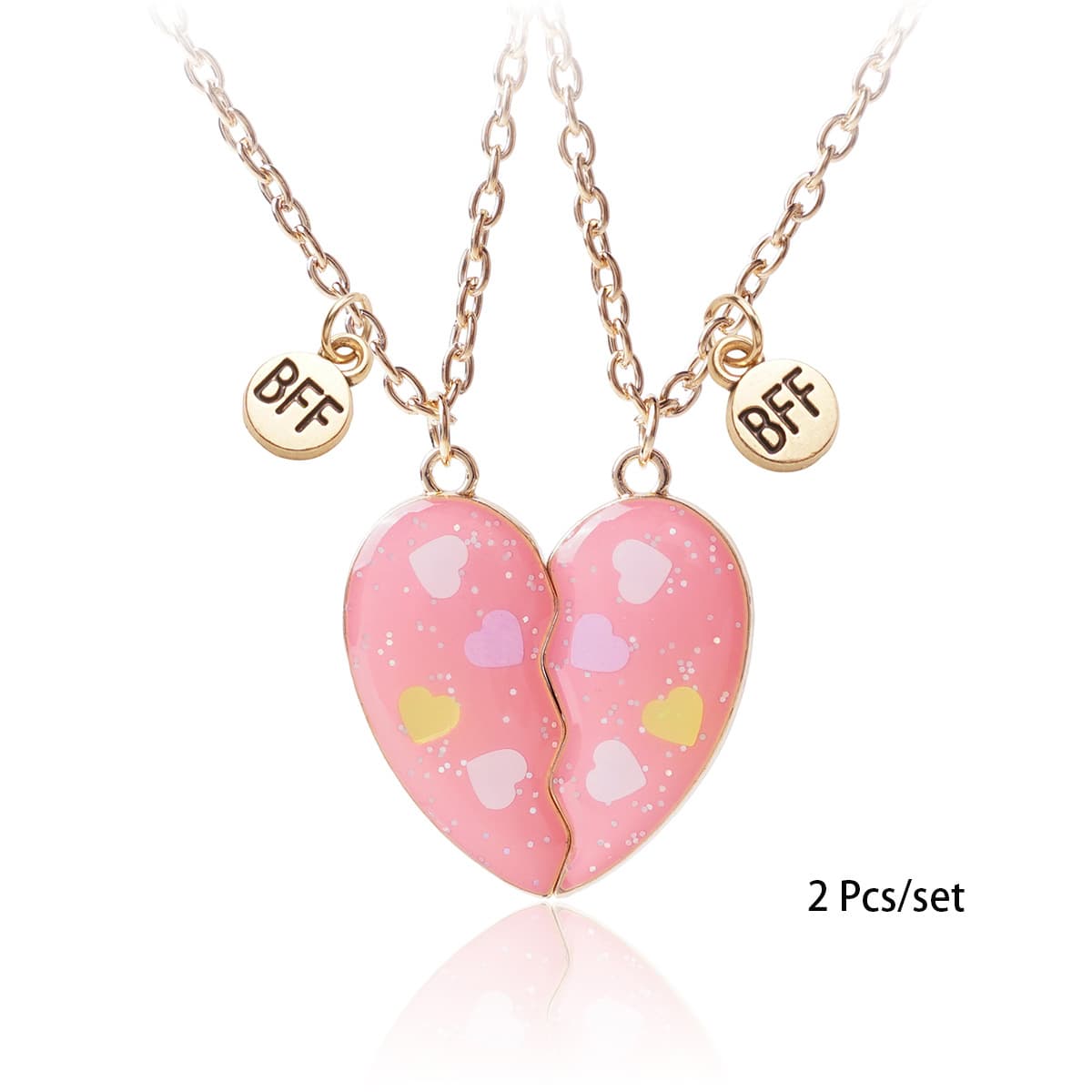 Pink Heart BFF Necklace Set - Cute Magnetic Friendship Jewelry for Besties