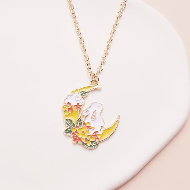 Adorable Rabbit Moon Pendant Necklace with Cherry Blossoms, Alloy Enamel Jewelry for Girls