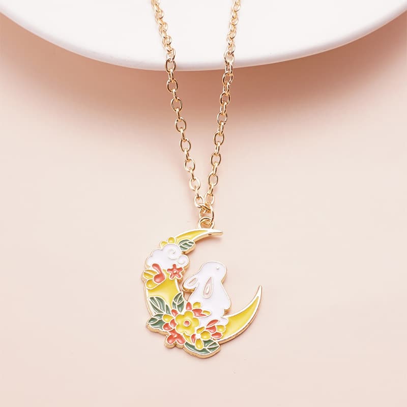 Adorable Rabbit Moon Pendant Necklace with Cherry Blossoms, Alloy Enamel Jewelry for Girls
