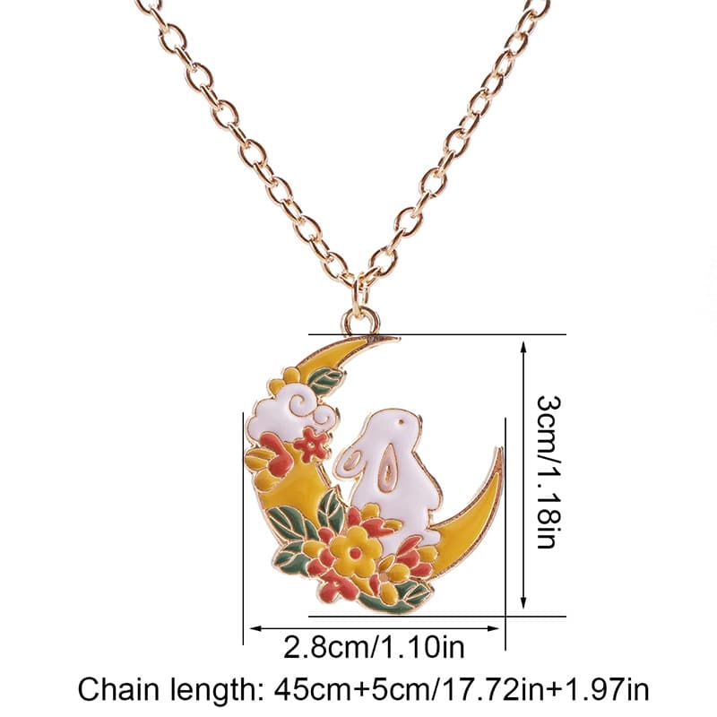 Adorable Rabbit Moon Pendant Necklace with Cherry Blossoms, Alloy Enamel Jewelry for Girls