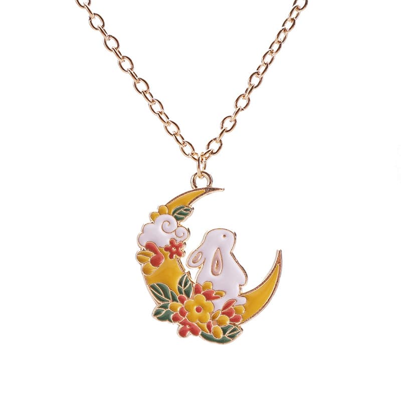 Adorable Rabbit Moon Pendant Necklace with Cherry Blossoms, Alloy Enamel Jewelry for Girls