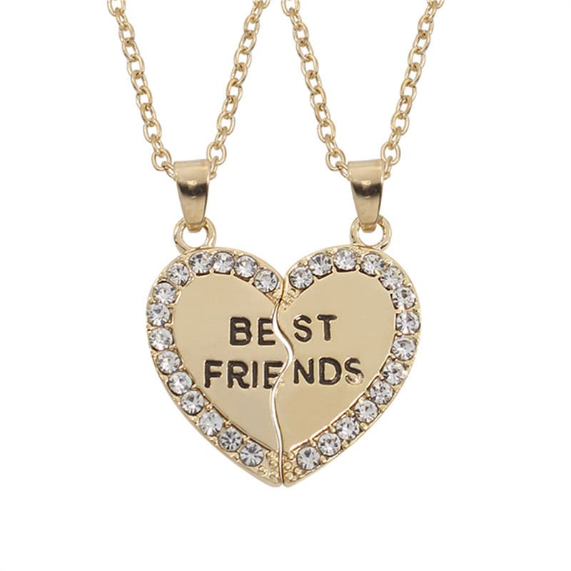 Best Friends Heart Pendant Necklace - Sparkling Rhinestone Matching Set for Girls & Teens