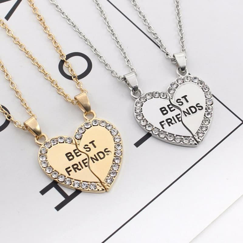 Best Friends Heart Pendant Necklace - Sparkling Rhinestone Matching Set for Girls & Teens