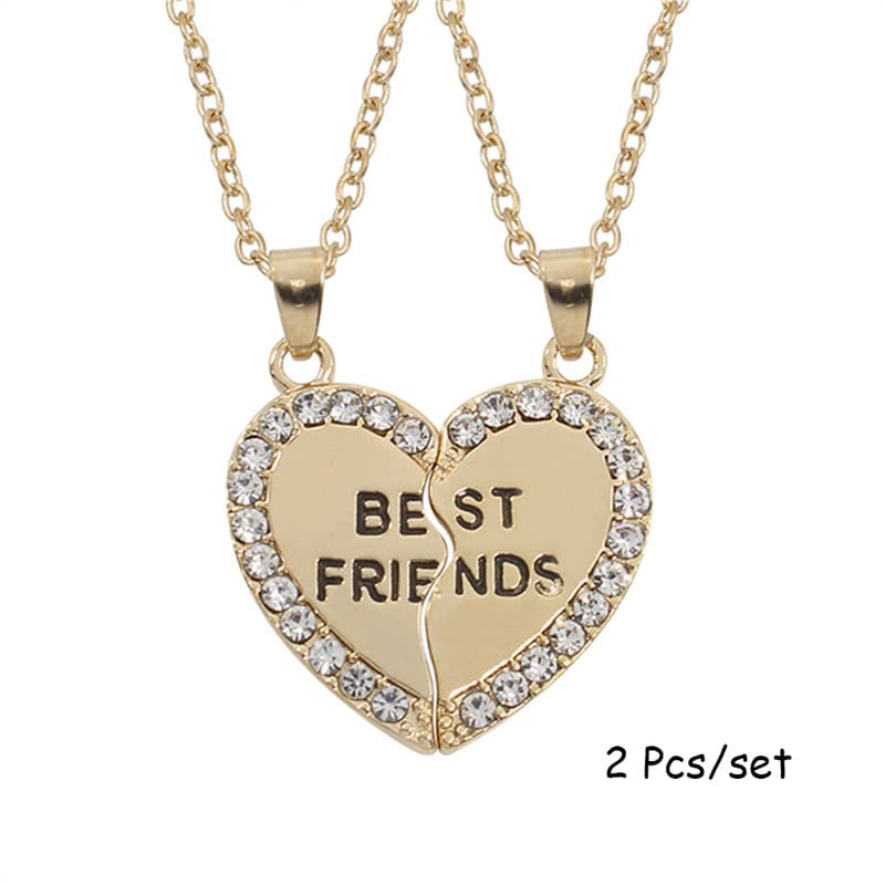 Best Friends Heart Pendant Necklace - Sparkling Rhinestone Matching Set for Girls & Teens