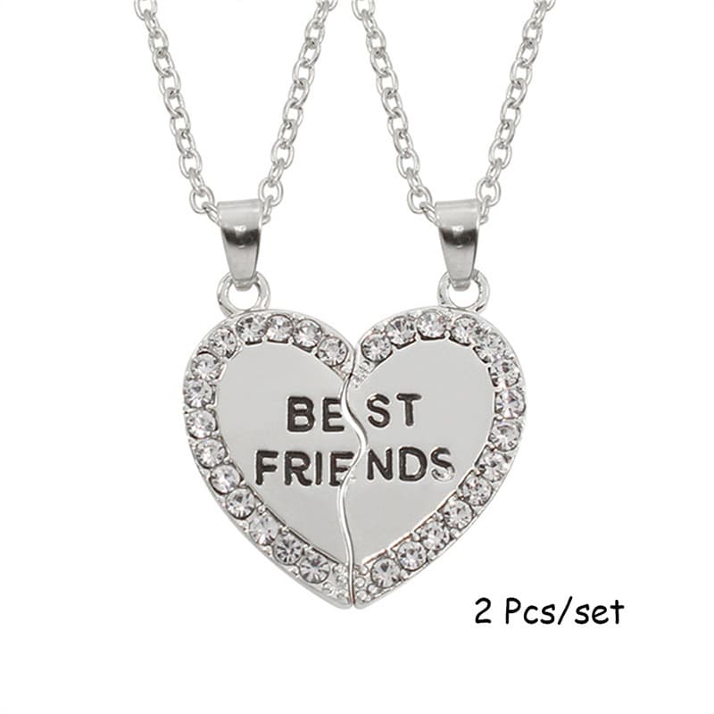 Best Friends Heart Pendant Necklace - Sparkling Rhinestone Matching Set for Girls & Teens