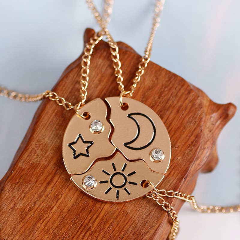 Starry Moon Trio Chain Necklace - Elegant Alloy Pendant for Best Friends