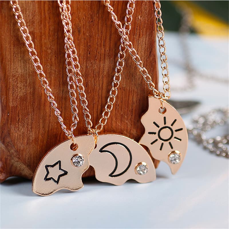 Starry Moon Trio Chain Necklace - Elegant Alloy Pendant for Best Friends