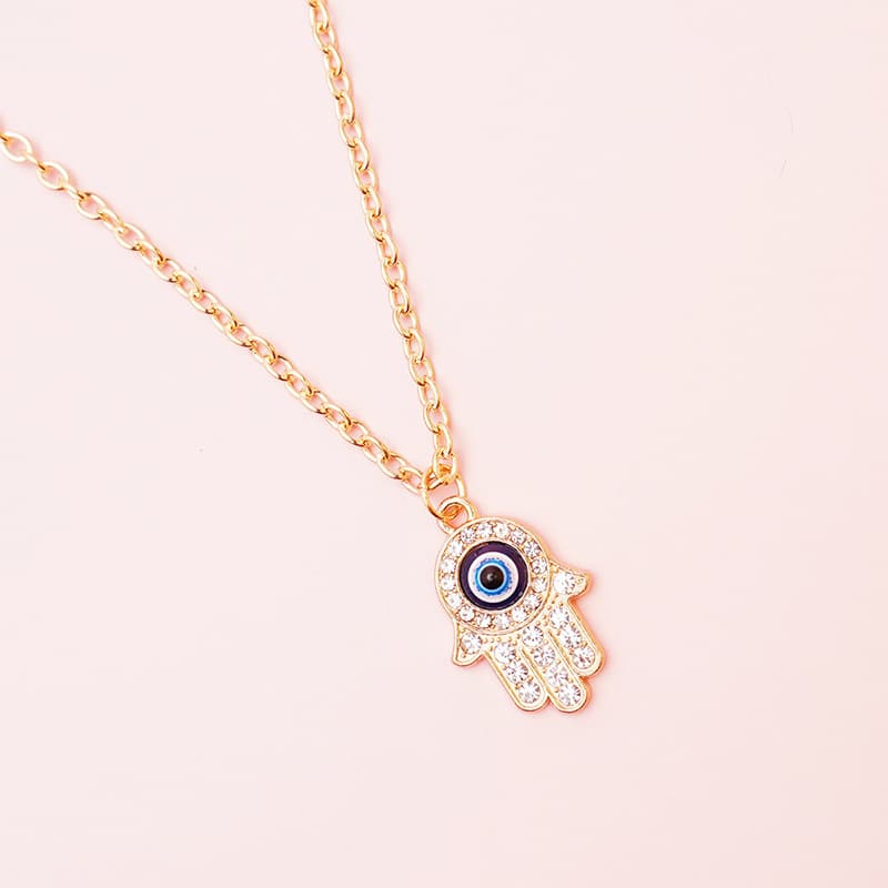 Bohemian Evil Eye Pendant Necklace, Lucky Hamsa & Teardrop Charm