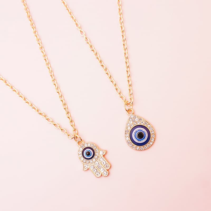 Bohemian Evil Eye Pendant Necklace, Lucky Hamsa & Teardrop Charm